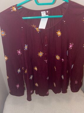 Old Navy Maroon Embroidered Peasant Tunic
